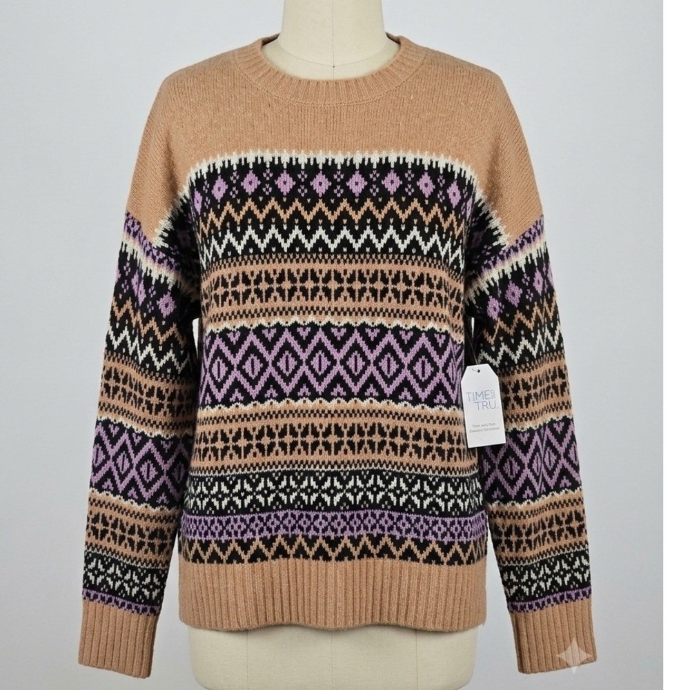 Time and Tru Fair Isle Sweater XXXL 22 Mocha Splash Heather Purple Knit NWT